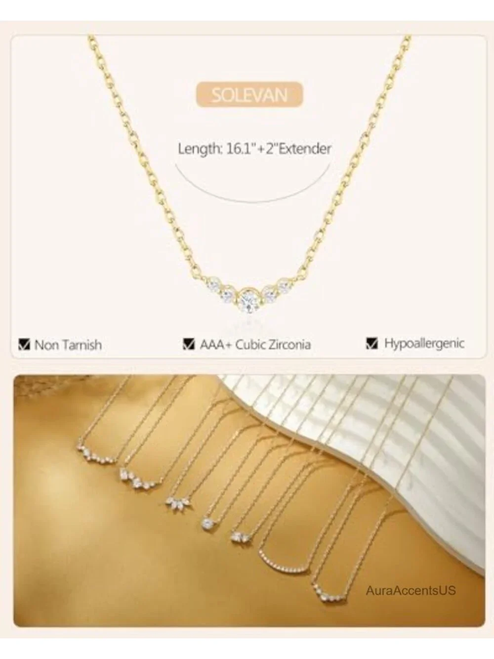 Cubic Zirconia Necklace for Women Adjustable Gold Plated Pendant 14k